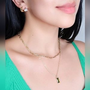 Peridot Imitation Emerald Cut CZ  Layered Paper Clip Chain Link Necklace
